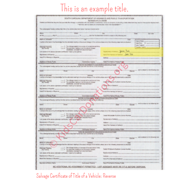 This is an Example of South Carolina Salvage Certificate of Title of a Vehicle Reverse View | Kids Car Donations